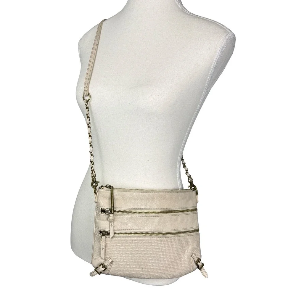 Elliott Lucca Cream Leather Crossbody Bag Triple Zip Chain Strap Woven Small Y2K